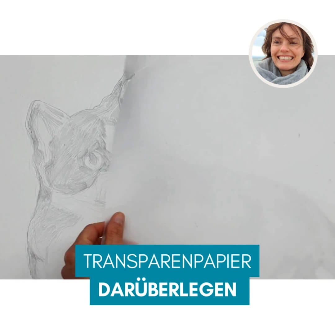 Genial Zeichnen - Video Screenshot - Anleitung - Moosgummidruck - Katze zeichnen und drucken - 02a - Transparentpapier darüberlegen - copyright Maja Oschmann