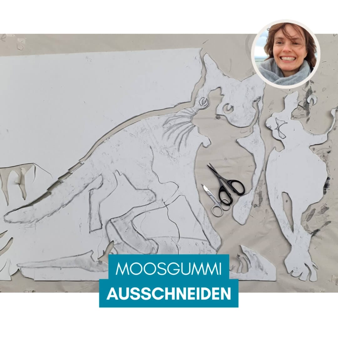 Genial Zeichnen - Video Screenshot - Anleitung - Moosgummidruck - Katze zeichnen und drucken - 04 - Moosgummi ausschneiden - copyright Maja Oschmann