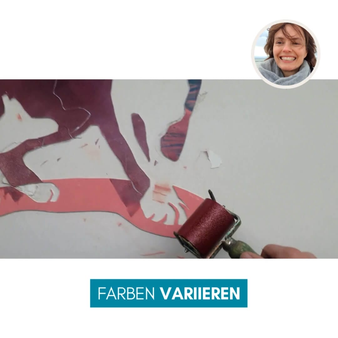 Genial Zeichnen - Video Screenshot - Anleitung - Moosgummidruck - Katze zeichnen und drucken - 11a -Farben variieren und experimentieren - copyright Maja Oschmann