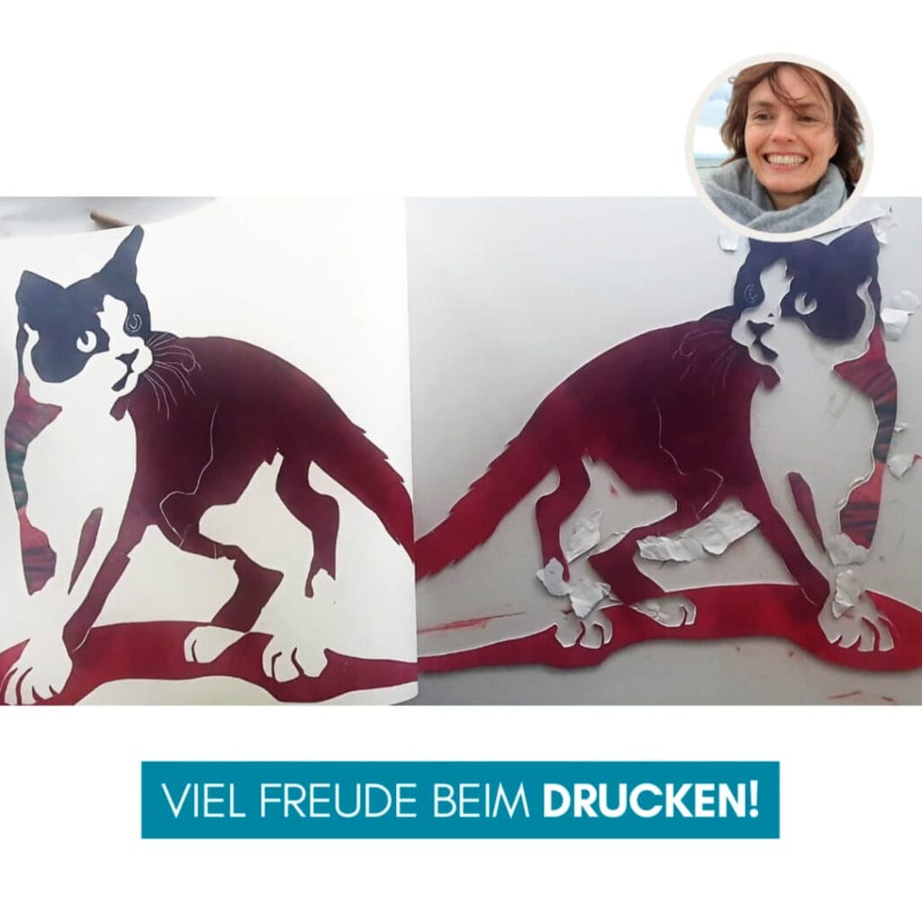 Genial Zeichnen - Video Screenshot - Anleitung - Moosgummidruck - Katze zeichnen und drucken - 11b -Fertiger Druck mit Farbverläufen - copyright Maja Oschmann